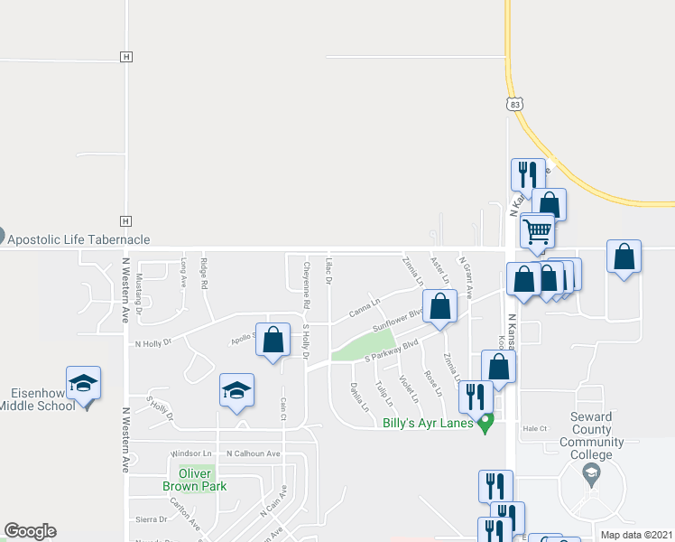 map of restaurants, bars, coffee shops, grocery stores, and more near 2511 Lilac Drive in Liberal
