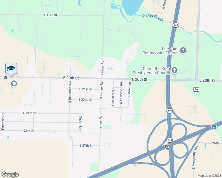 map of restaurants, bars, coffee shops, grocery stores, and more near 2098 South Oakcliff Road in Joplin