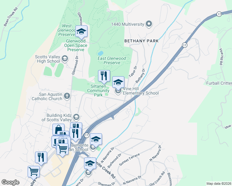 map of restaurants, bars, coffee shops, grocery stores, and more near 151 Vine Hill School Road in Scotts Valley