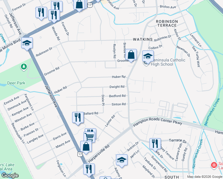 map of restaurants, bars, coffee shops, grocery stores, and more near 30 Dwight Road in Newport News