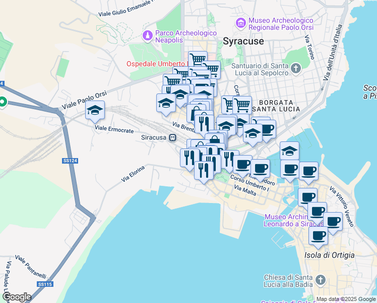 map of restaurants, bars, coffee shops, grocery stores, and more near 78 Via Francesco Crispi in Syracuse
