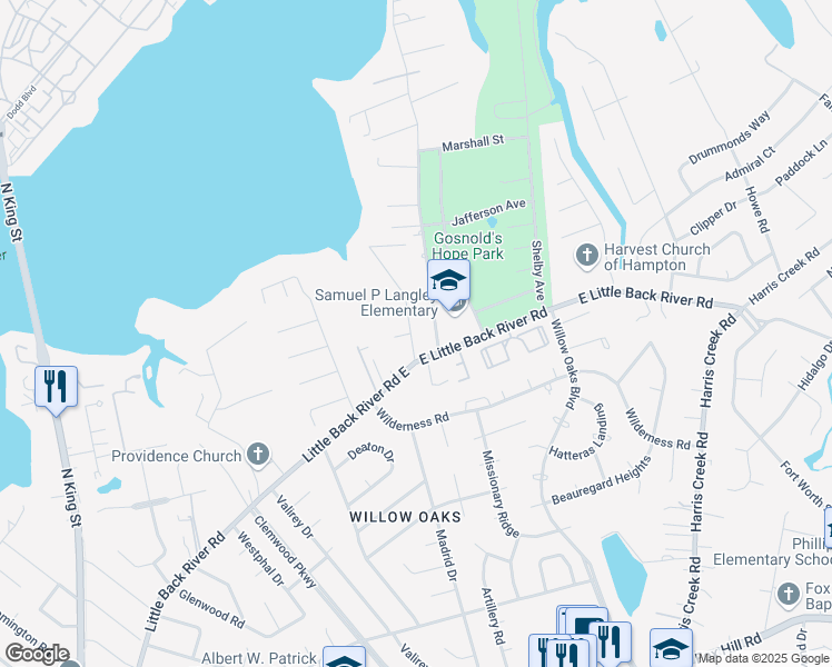 map of restaurants, bars, coffee shops, grocery stores, and more near 12 Riverview Drive in Hampton