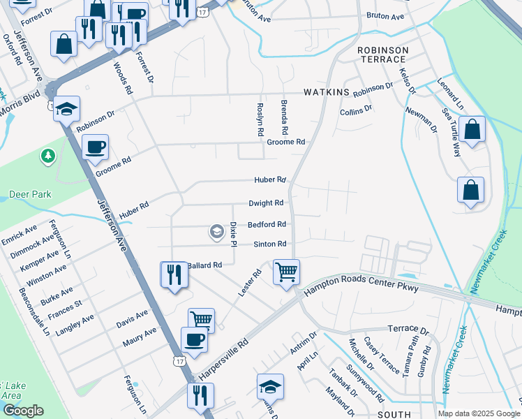map of restaurants, bars, coffee shops, grocery stores, and more near 38 Dwight Road in Newport News