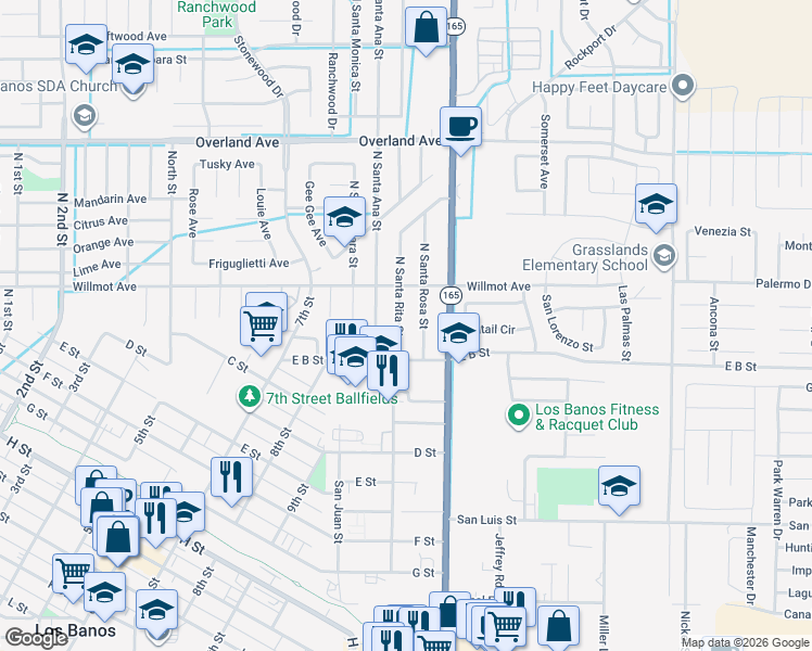 map of restaurants, bars, coffee shops, grocery stores, and more near 132 North Santa Rita Street in Los Banos