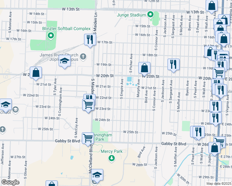 map of restaurants, bars, coffee shops, grocery stores, and more near 2119 Annie Baxter Ave in Joplin