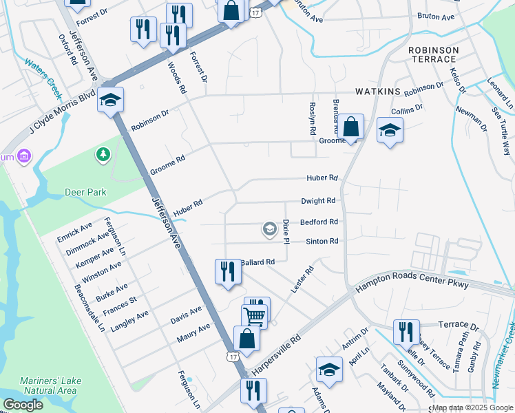 map of restaurants, bars, coffee shops, grocery stores, and more near 10 Dwight Road in Newport News
