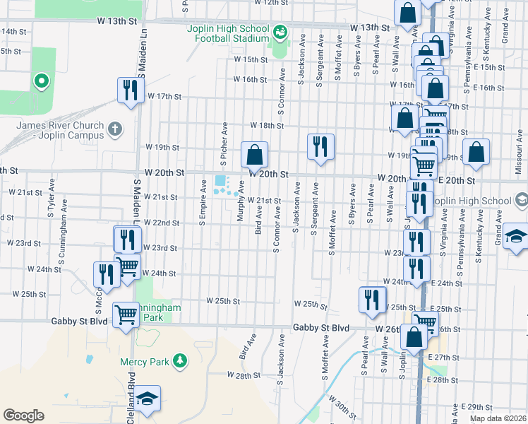 map of restaurants, bars, coffee shops, grocery stores, and more near 2111 Bird Ave in Joplin