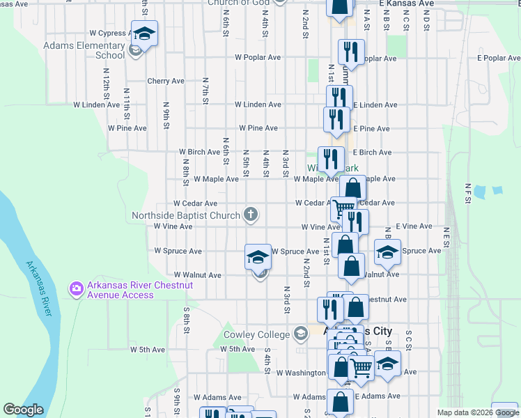 map of restaurants, bars, coffee shops, grocery stores, and more near 520 North 4th Street in Arkansas City