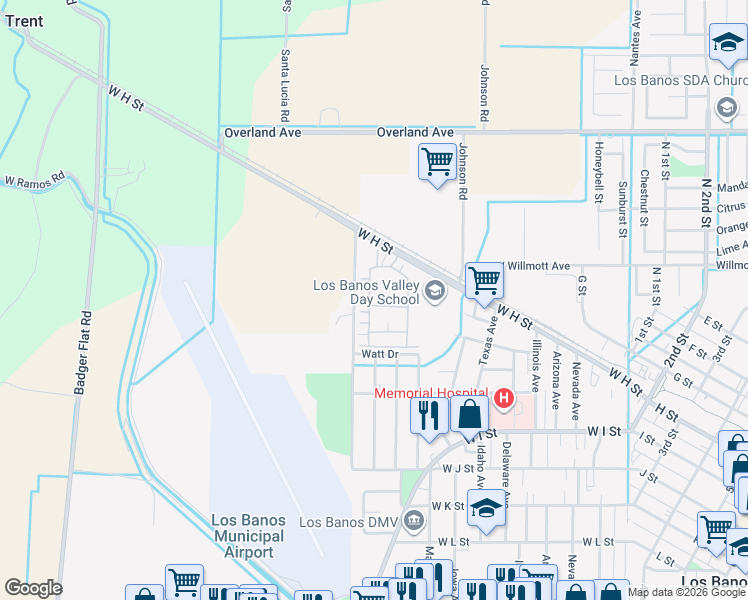 map of restaurants, bars, coffee shops, grocery stores, and more near 826 Grace Drive in Los Banos