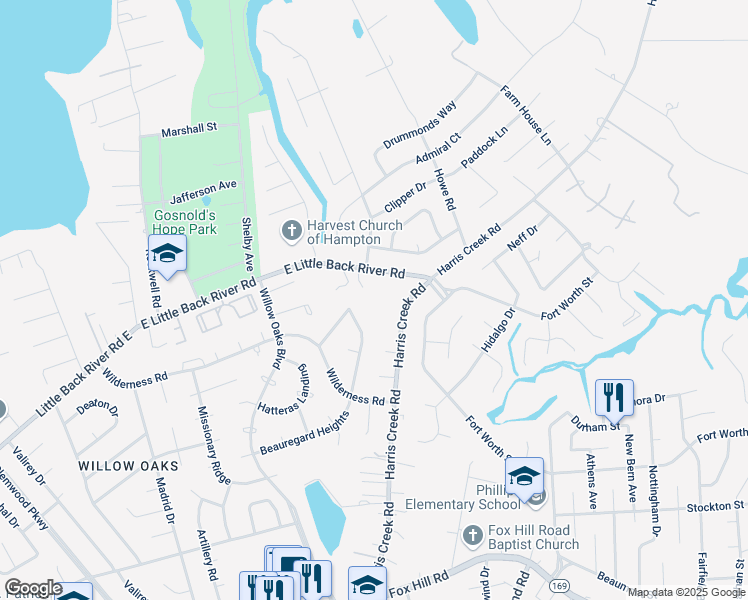 map of restaurants, bars, coffee shops, grocery stores, and more near 97 Harris Creek Road in Hampton