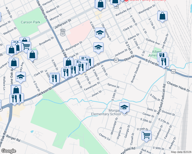map of restaurants, bars, coffee shops, grocery stores, and more near 2600 Ohio Street in Paducah