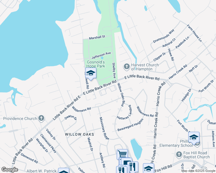 map of restaurants, bars, coffee shops, grocery stores, and more near 601 Willow Oaks Boulevard in Hampton