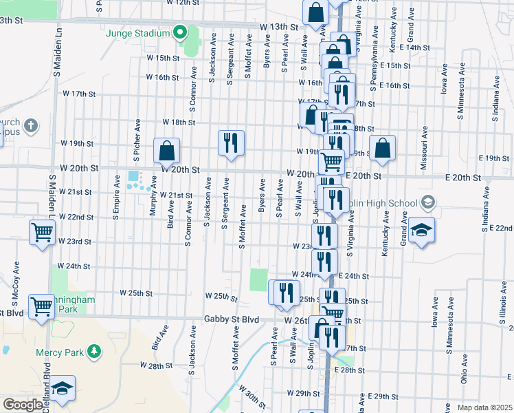 map of restaurants, bars, coffee shops, grocery stores, and more near 2109 South Moffet Avenue in Joplin
