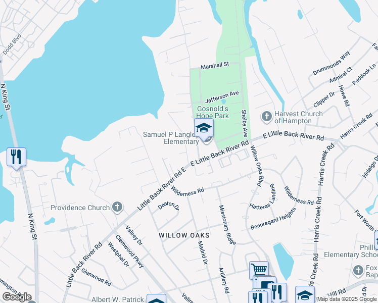 map of restaurants, bars, coffee shops, grocery stores, and more near 12 Riverview Drive in Hampton