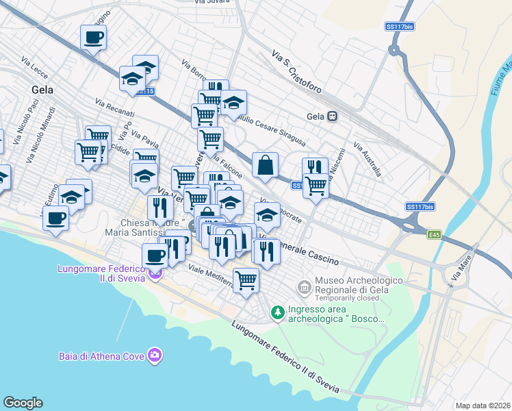 map of restaurants, bars, coffee shops, grocery stores, and more near 50 Via Pergusa in Gela