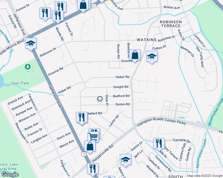 map of restaurants, bars, coffee shops, grocery stores, and more near 30 Dwight Road in Newport News