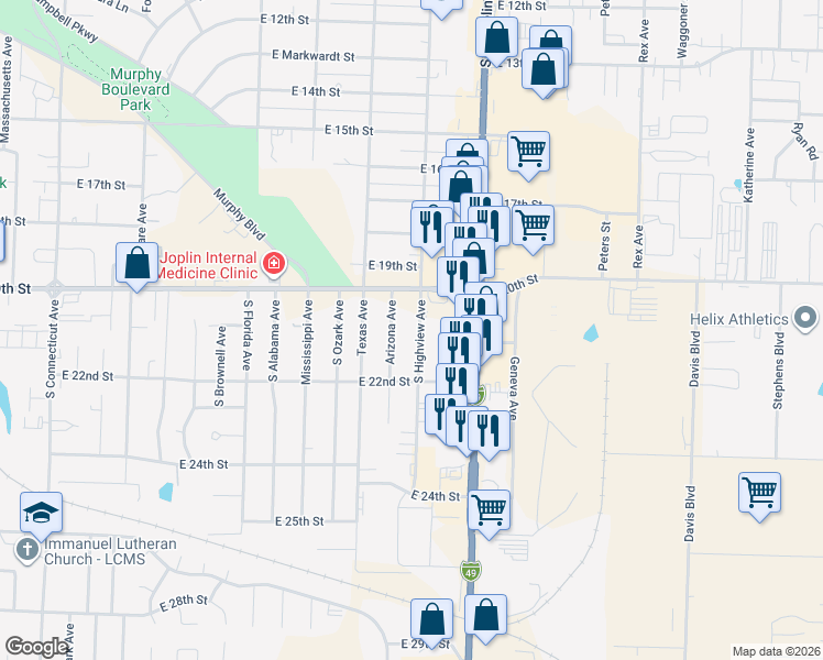 map of restaurants, bars, coffee shops, grocery stores, and more near 2030 South Highview Avenue in Joplin