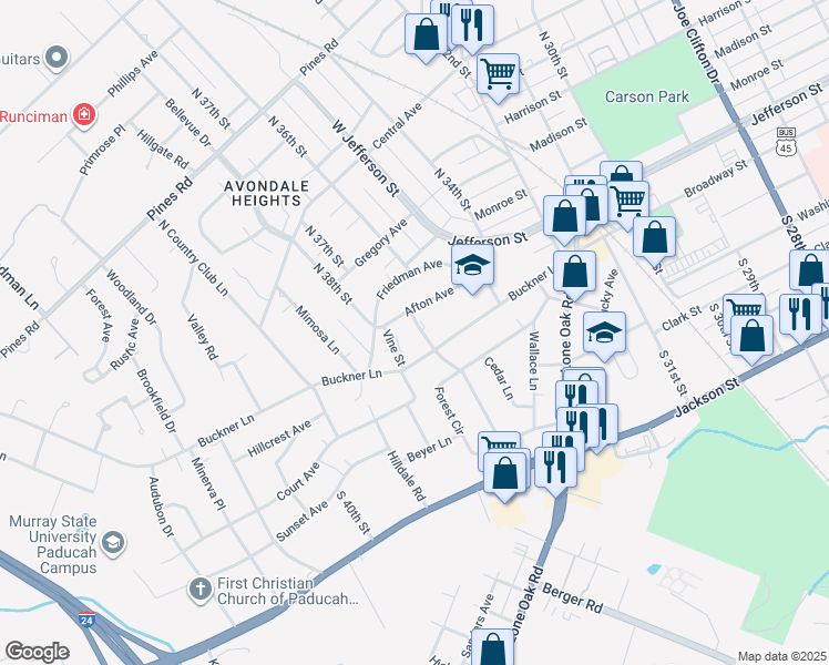 map of restaurants, bars, coffee shops, grocery stores, and more near 125 North Sycamore Drive in Paducah