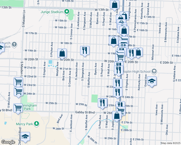map of restaurants, bars, coffee shops, grocery stores, and more near 2109 South Moffet Avenue in Joplin