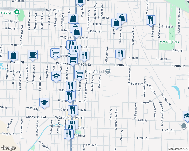 map of restaurants, bars, coffee shops, grocery stores, and more near 2101 Kentucky Avenue in Joplin