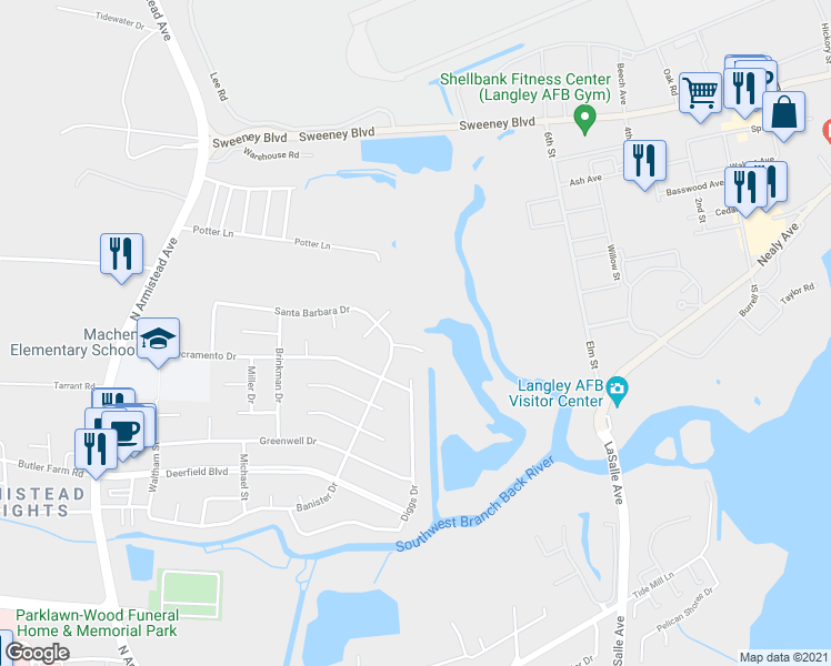 map of restaurants, bars, coffee shops, grocery stores, and more near 109 Santa Barbara Drive in Hampton