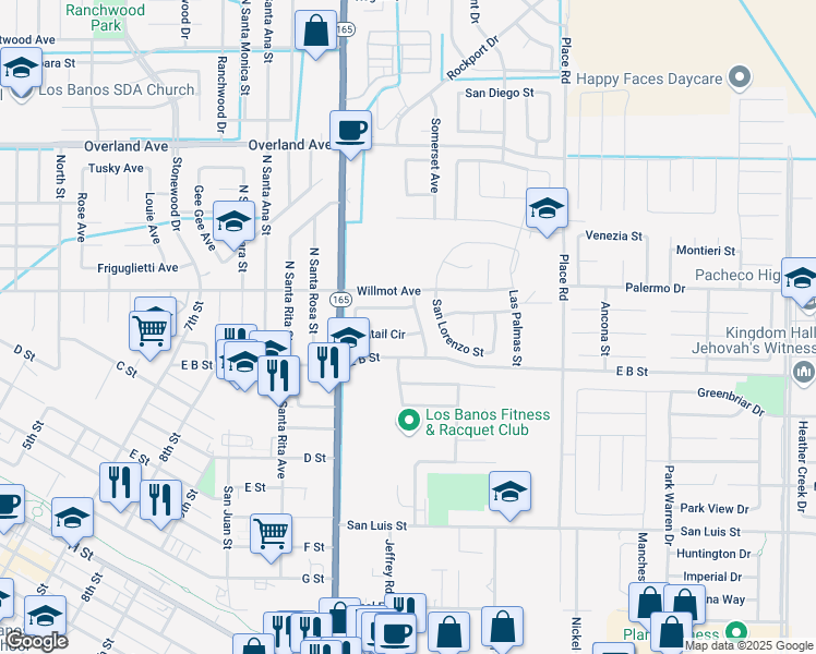 map of restaurants, bars, coffee shops, grocery stores, and more near 1492 Pintail Circle in Los Banos