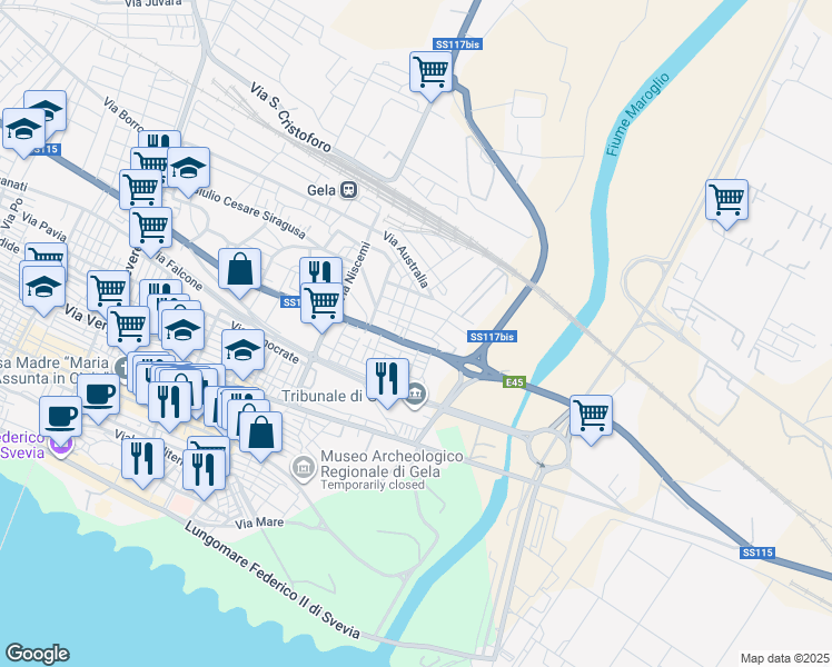 map of restaurants, bars, coffee shops, grocery stores, and more near 11 Via Brasile in Gela