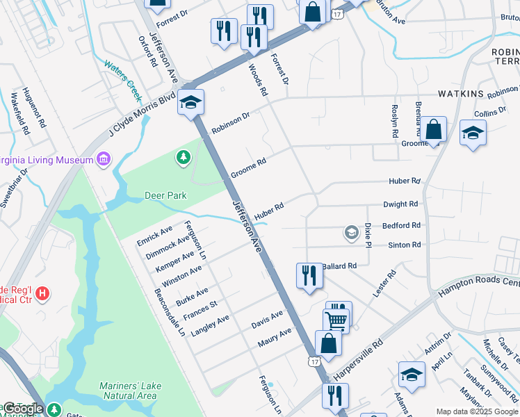 map of restaurants, bars, coffee shops, grocery stores, and more near 11 Huber Road in Newport News