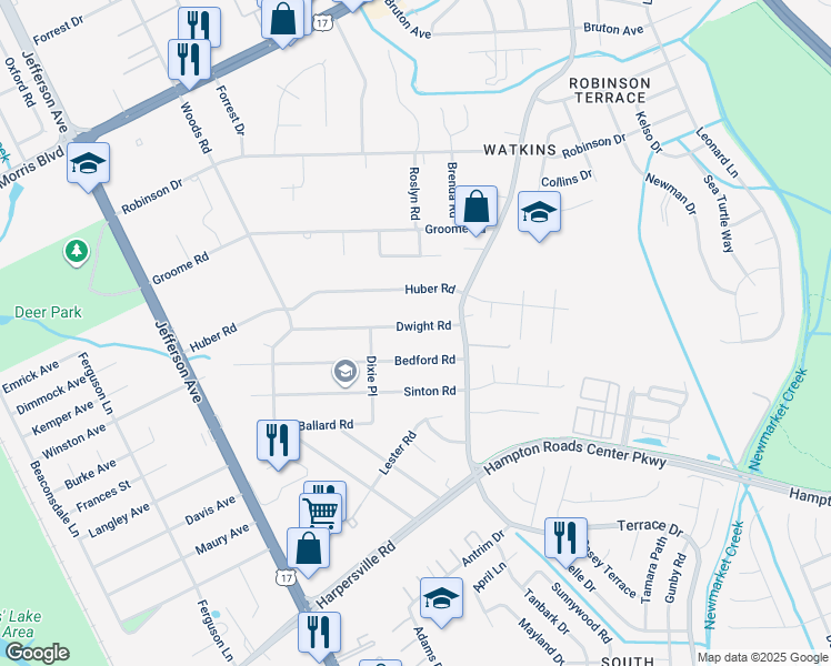 map of restaurants, bars, coffee shops, grocery stores, and more near 38 Dwight Road in Newport News