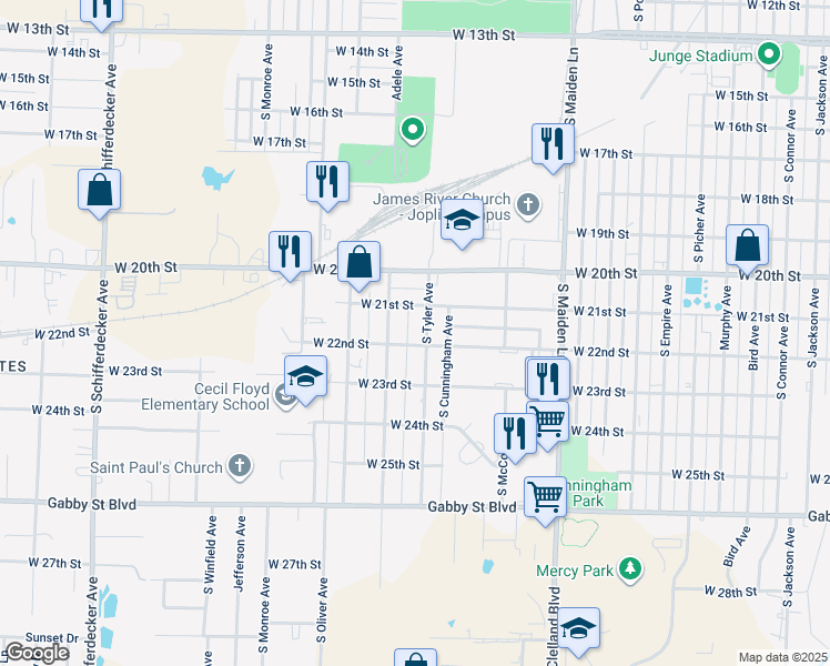 map of restaurants, bars, coffee shops, grocery stores, and more near 2124 South Tyler Avenue in Joplin