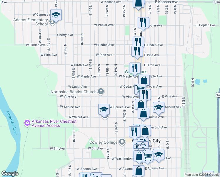 map of restaurants, bars, coffee shops, grocery stores, and more near 520 North 4th Street in Arkansas City