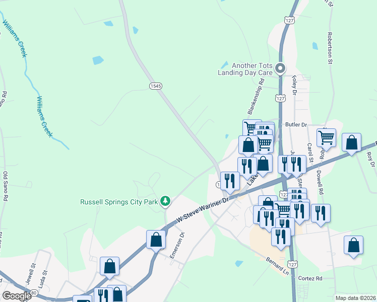 map of restaurants, bars, coffee shops, grocery stores, and more near 323 Kentucky 1545 in Russell Springs
