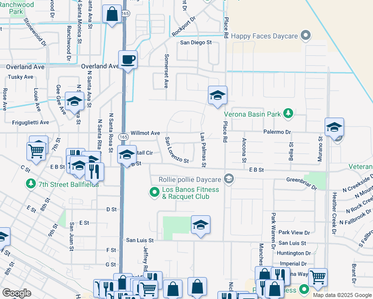 map of restaurants, bars, coffee shops, grocery stores, and more near 238 Senora Court in Los Banos