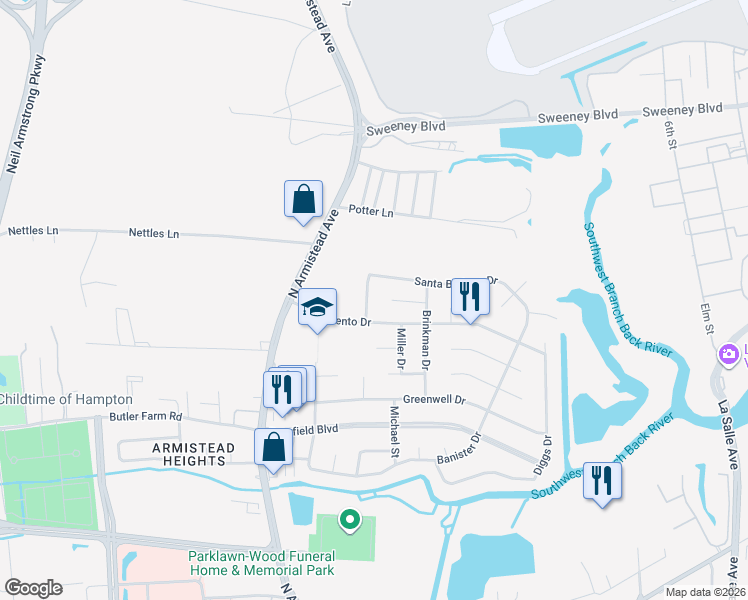 map of restaurants, bars, coffee shops, grocery stores, and more near 206 Swartmore Drive in Hampton