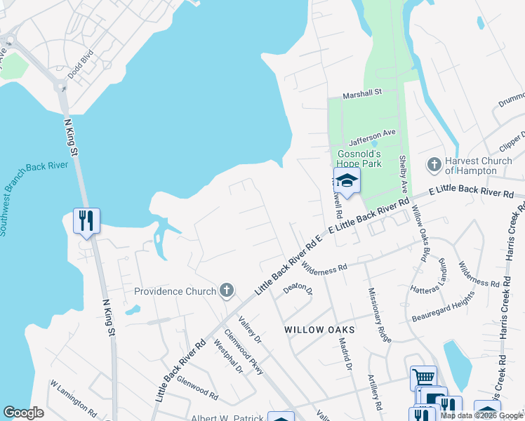 map of restaurants, bars, coffee shops, grocery stores, and more near 1 Poulas Court in Hampton