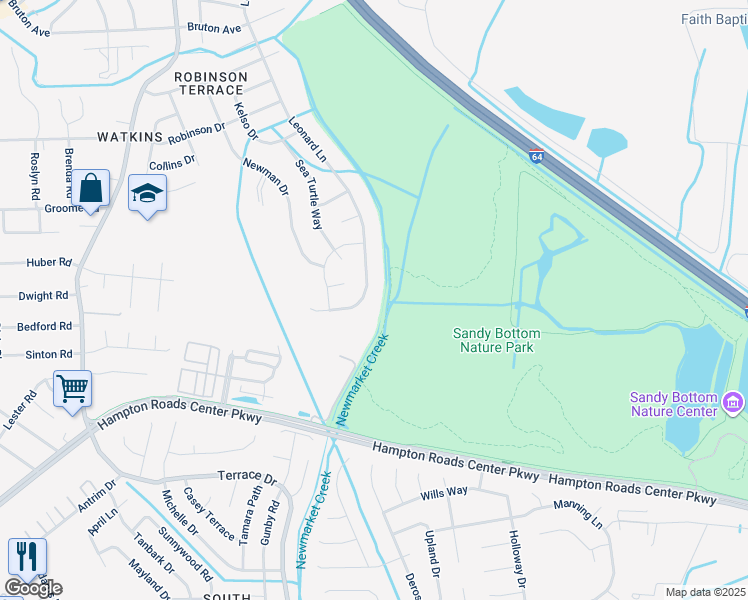 map of restaurants, bars, coffee shops, grocery stores, and more near 558 Leonard Lane in Newport News