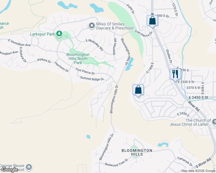 map of restaurants, bars, coffee shops, grocery stores, and more near 1140 East Fort Pierce Drive in St. George