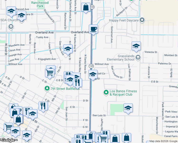 map of restaurants, bars, coffee shops, grocery stores, and more near 143 Mercey Springs Road in Los Banos