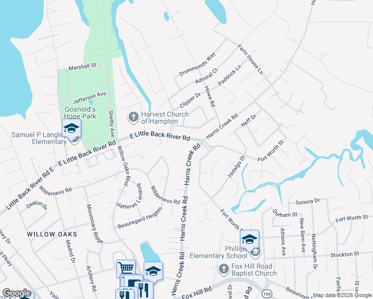 map of restaurants, bars, coffee shops, grocery stores, and more near 97 Harris Creek Road in Hampton