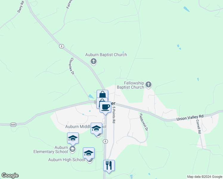 map of restaurants, bars, coffee shops, grocery stores, and more near 1708 Carriage Rd in Riner
