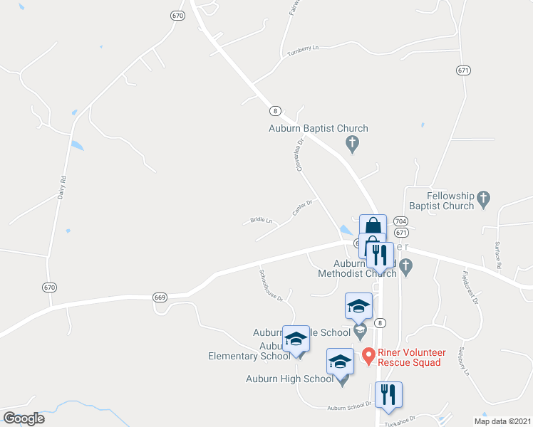 map of restaurants, bars, coffee shops, grocery stores, and more near 1920 Bridle Lane in Riner