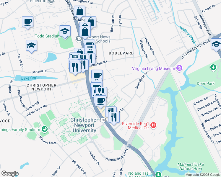 map of restaurants, bars, coffee shops, grocery stores, and more near 439 University Place in Newport News