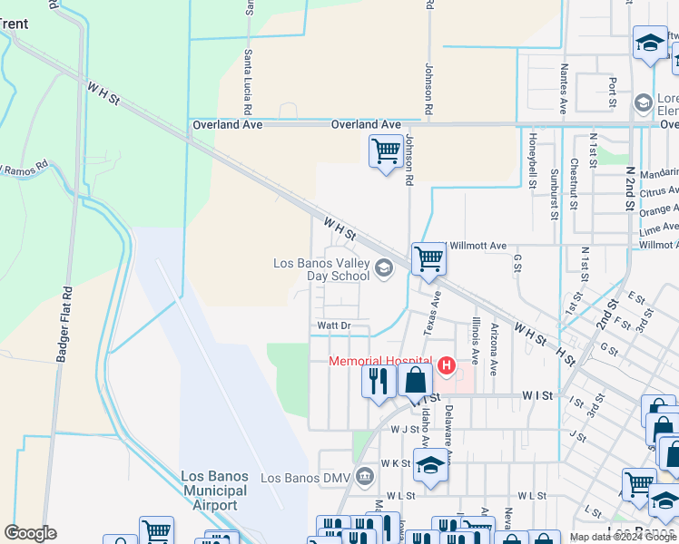 map of restaurants, bars, coffee shops, grocery stores, and more near 838 Grace Drive in Los Banos