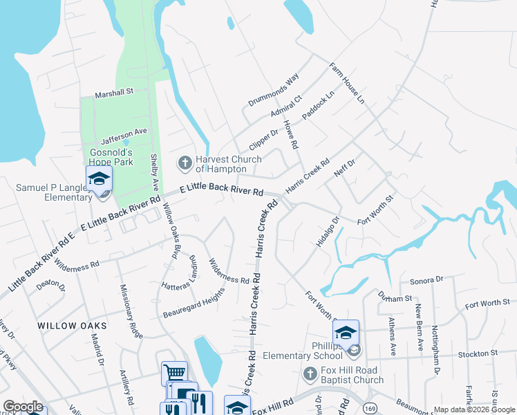 map of restaurants, bars, coffee shops, grocery stores, and more near 97 Harris Creek Road in Hampton