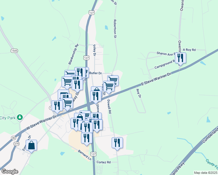 map of restaurants, bars, coffee shops, grocery stores, and more near 128-366 Robertson Street in Russell Springs