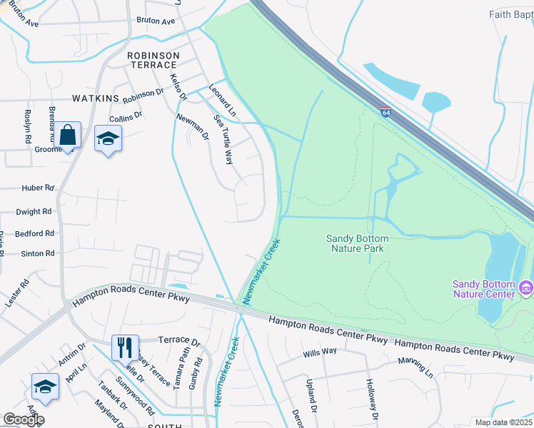 map of restaurants, bars, coffee shops, grocery stores, and more near 558 Leonard Lane in Newport News