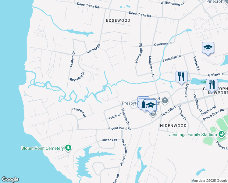 map of restaurants, bars, coffee shops, grocery stores, and more near 207 Massell Court in Newport News