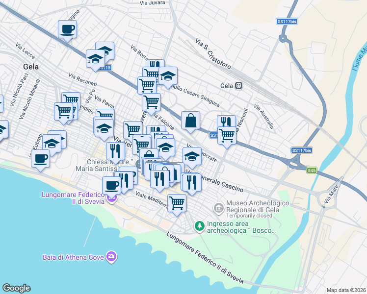 map of restaurants, bars, coffee shops, grocery stores, and more near 50 Via Pergusa in Gela