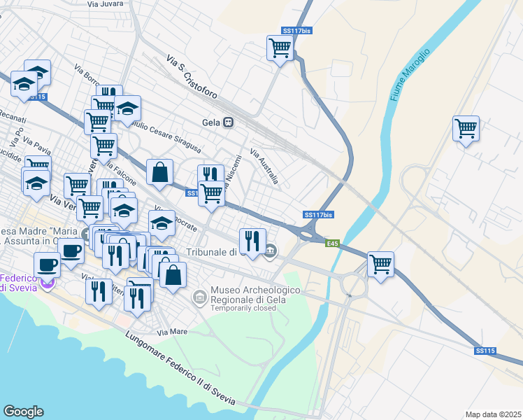 map of restaurants, bars, coffee shops, grocery stores, and more near 11 Via Brasile in Gela