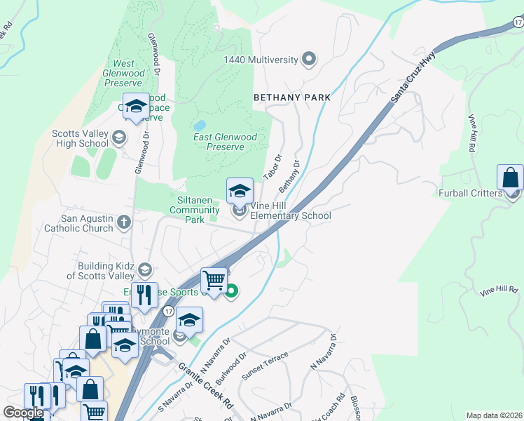 map of restaurants, bars, coffee shops, grocery stores, and more near 200 Tabor Drive in Scotts Valley